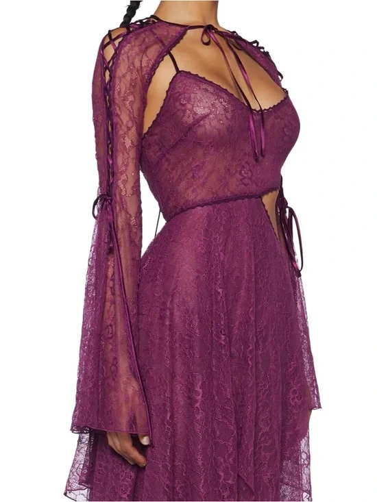 Dollskill Purple Lace Asymmetric Cutout Women's Dress and Shrug Set - Picture 2 of 3
